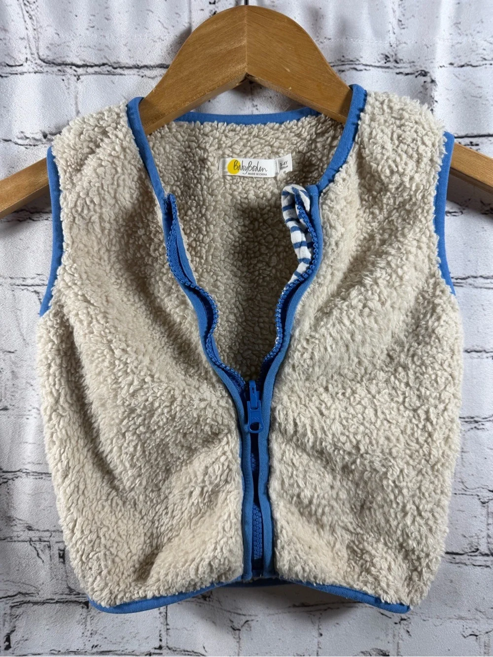 Baby Boden Cream Sherpa Vest with Blue Trim